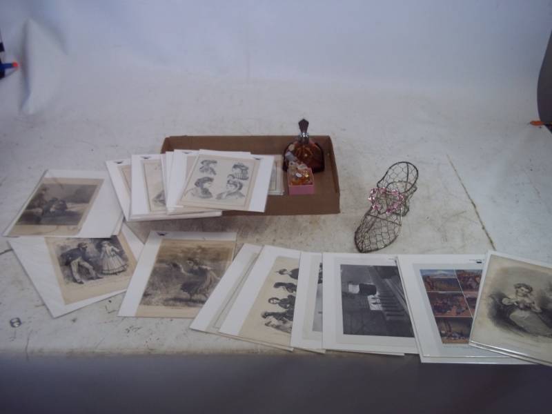 1800s Peterson Fashion & Graham B&W prints,Echt Crystal Perfume Bottle