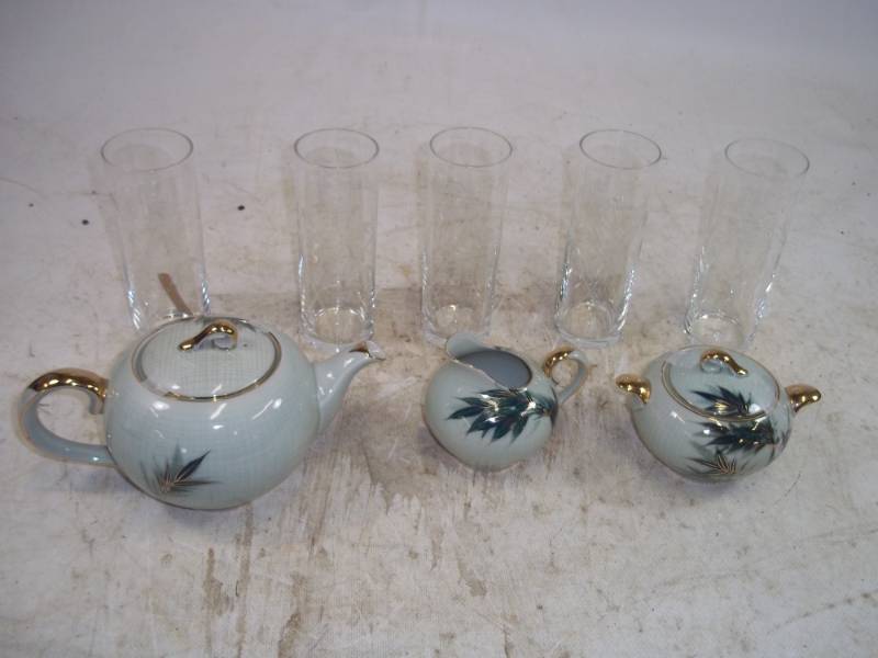 Celadon Creamer,Sugar,Teapot,Glasses