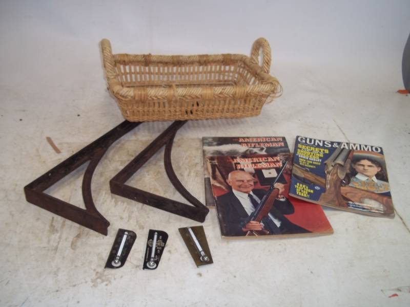 Basket, Chicken Thermometers, Cast iron Brackets, Gun Magazines