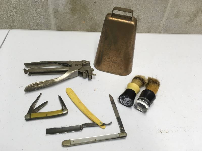 lot 34 image: Straight Edge Razors, Knives, Shaving Cream Brushes, Cow Bell