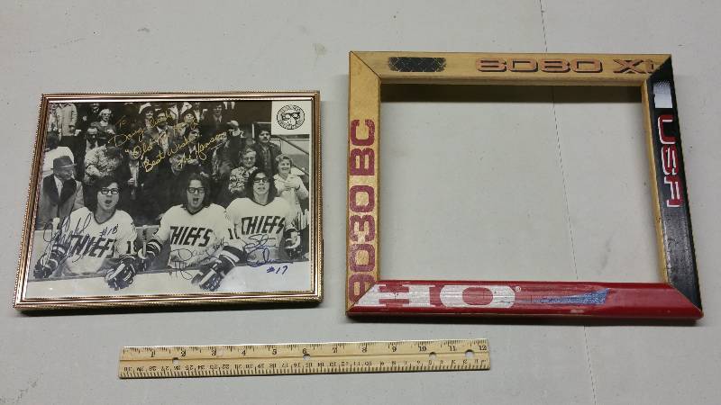 lot 58 image: Hanson Brothers (Slap Shot Movie) Autographed Photos & Hockey Stick Frame