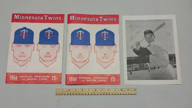 lot 63 image: Harmon Killebrew Autographed Photo & (2) 1964 Minnesota Twins Official Programs
