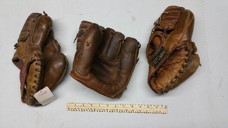 lot 64 image: (3) Vintage Baseball Gloves, One is a Stan Musial Model
