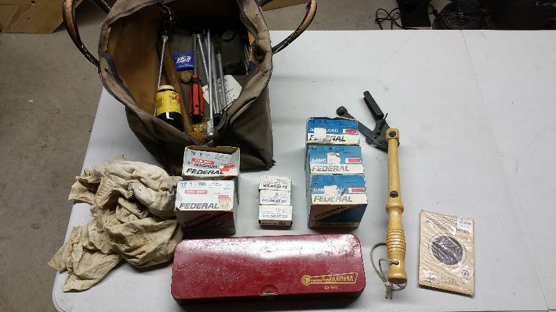 lot 74C image: Group of 12 Guage Steel & Lead Shells, Cleaning Kit, Vintage Thrower, Etc.