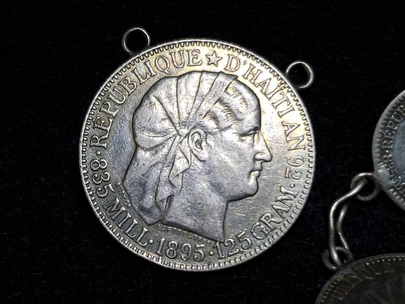 lot 234 image: 1895 Silver Haiti 50 Centimes, 1895 Silver Haiti 20 Centimes, 1882 Silver Haiti 10 Centimes Jewelry Piece