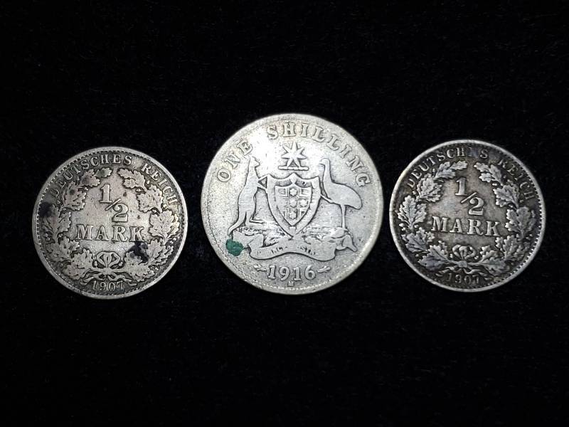 lot 237 image: 1916 Silver One Shilling, (2) 1907 Silver German 12 Marks