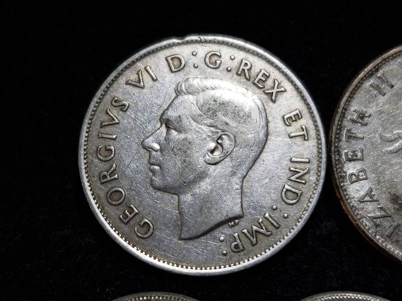 lot 238 image: (2) Silver Canadian Half Dollars & (3) Silver Canadian Dimes