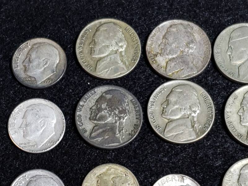 lot 240 image: Silver Mercury Dime, Silver Roosevelt Dimes, and Silver War Nickels