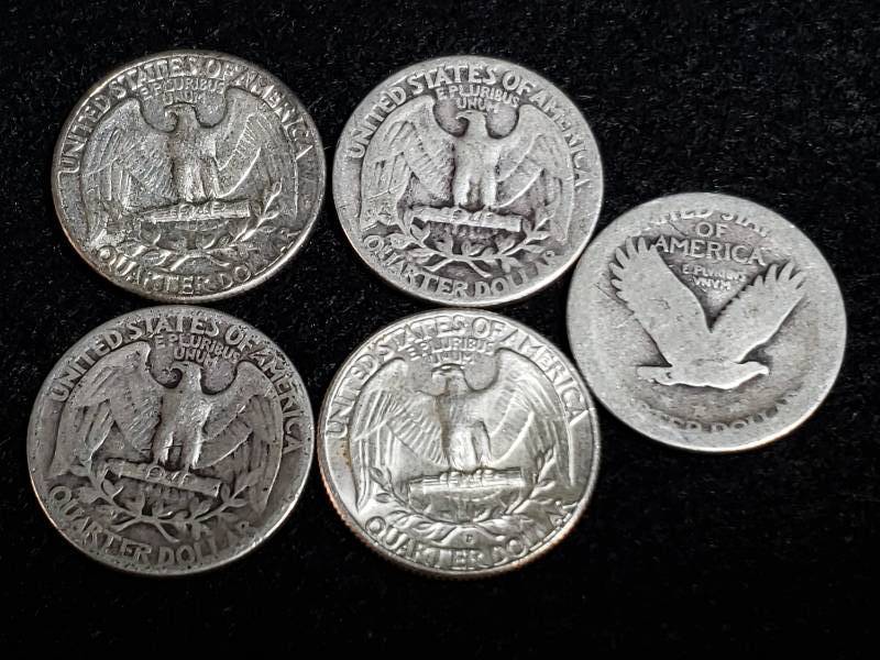 lot 241 image: Silver Standing Liberty Quarter & (4) Silver Washington Quarters