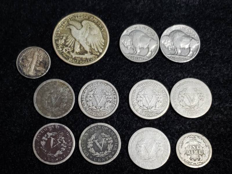 lot 242 image: Walking Liberty Silver Dollar, Mercury Silver Dime, Liberty V Nickels, Buffalo Nickels