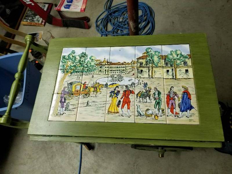 lot 26 image: Antique Wooden Tea Cart Caddy w Colorful Spanish Tiles