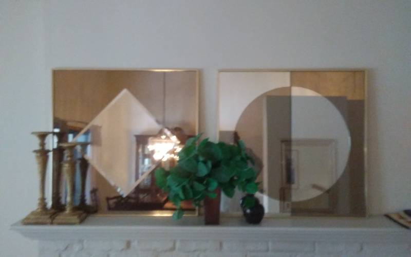 lot 5 image: 2-Geometric Mirrors 28x28, Candle Sticks, Marble Look Stone Vase & Metal Center Piece
