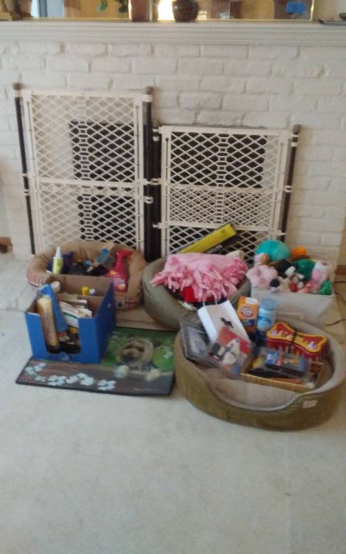 lot 12 image: 2-Adjustable Gates & Large Lot Of Pet (Small Dog) Related Supplies