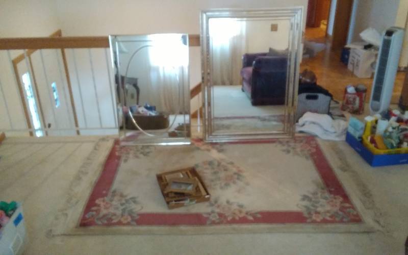 lot 13 image: Plush Rug (48x80), 2-Mirrors With Brass Accent (31x43), Box Of Small Frames