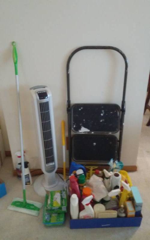 lot 22 image: Step Stool, Fan, Swiffer, Box Cleaning Supplies
