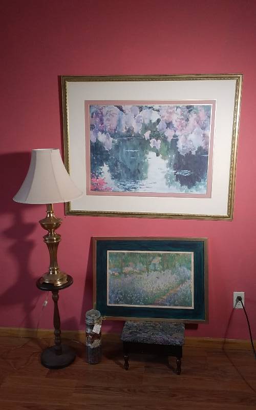lot 28 image: 2-Pictures, Foot Stool, Stand, Lamp With Shade