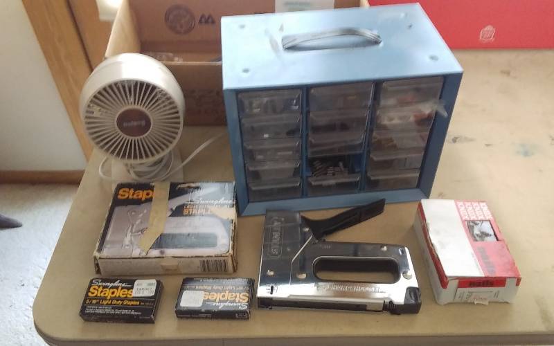 lot 46 image: Organizer Of Hardware, Staple Guns, Staples, Fan