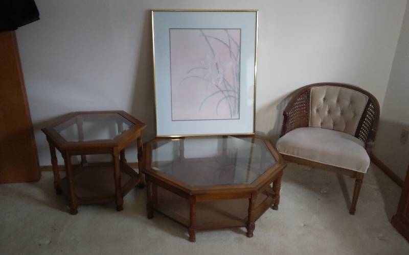 lot 51 image: 2-Octagonal Cane Tables With Glass Tops (24 & 38 Inch), 1-Cane Chair, Framed Picture Orchid Fantasy By Andres--Vanguard Studio