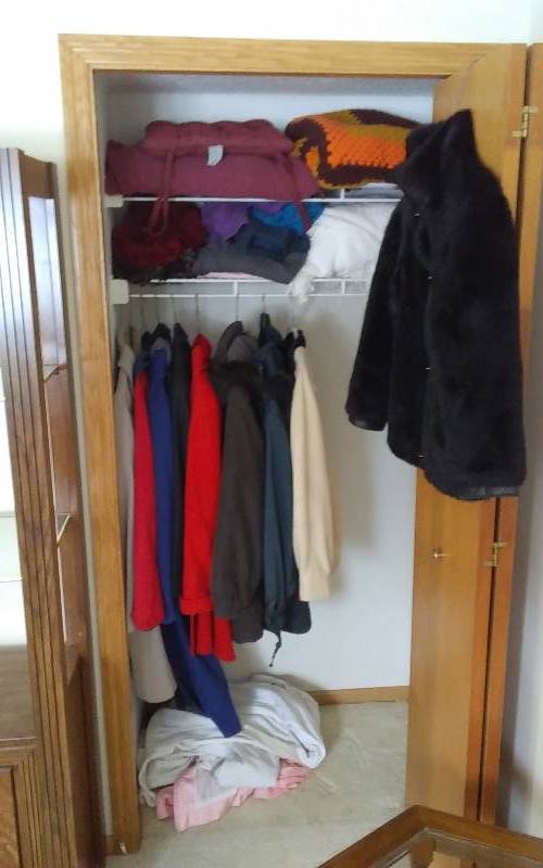 lot 53 image: Coat Closet Contents (Most Size Small), Coats, Hats, Blankets, Scarves
