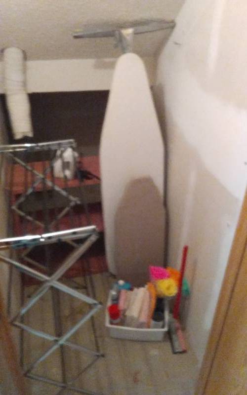 lot 57 image: Closet Contents Drying Rack, Shelf, Ironing Board, Iron, Cleaning Products