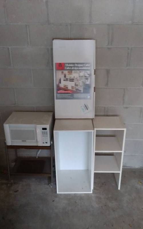 lot 61 image: White Modular Cube Shelving, Rolling Cart, Chefmate Microwave