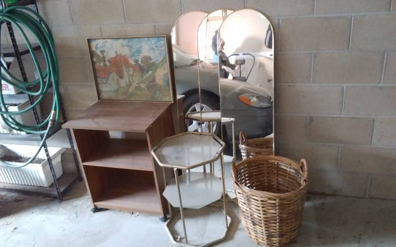 lot 63 image: BrassGlass Shelf, 3-Tall Mirrors, Framed Picture, Rolling Srand