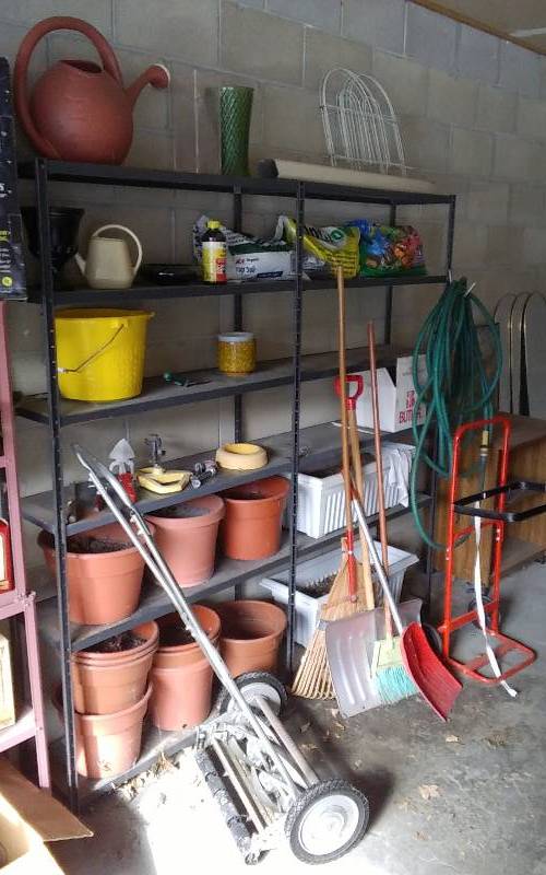 lot 64 image: 2-Metal Shelves (Double Wide 72x72) With Lawn Care Related, Cart, Shovels, Rakes, Planter Pots
