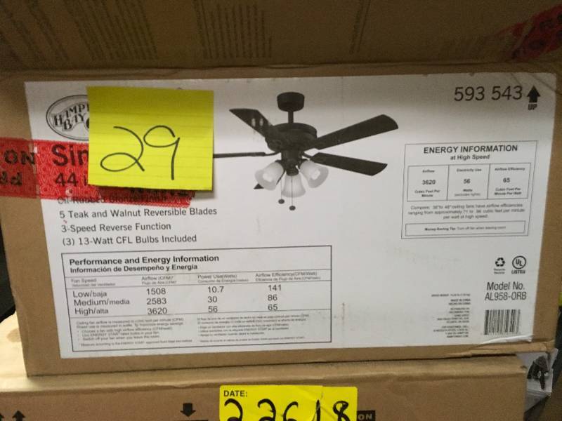 Hampton Bay Sinclair 44 in. Oil Rubbed Bronze Celling Fan new