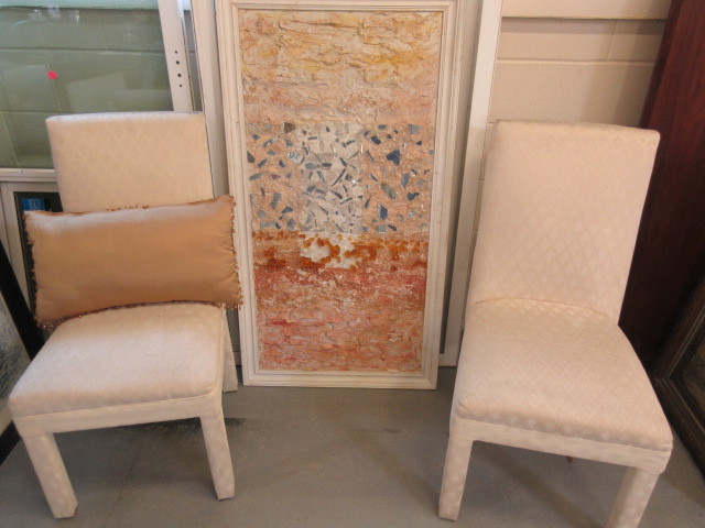 lot 638 image: UPHOLSTERED CHAIRS, BEADED EDGE PILLOW AND MOSAIC ART