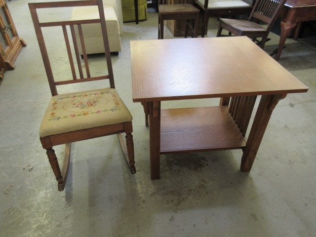 lot 650 image: PETITE ROCKER AND MISSION STYLE SIDE TABLE