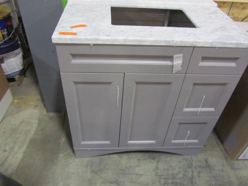 lot 54 image: Virtu USA Elise 36 in. W x 22 in. D Vanity in Grey with Marble Vanity Top in White with White Basin