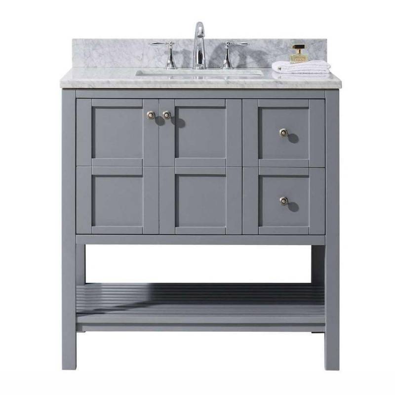 lot 52 image: Virtu USA Winterfell 36 in. W x 22 in. D Vanity in Grey with Marble Vanity Top in White with White Basin