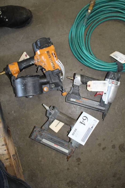 lot 64 image: Lot of (3) Pneumatic Nail Guns, Air Hose - Bostitch, Porter-Cable, Senco