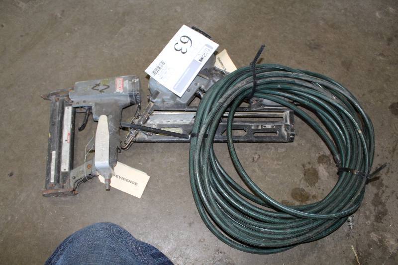 lot 63 image: Lot of (2) Senco Pneumatic Nail Guns w Air Hoses