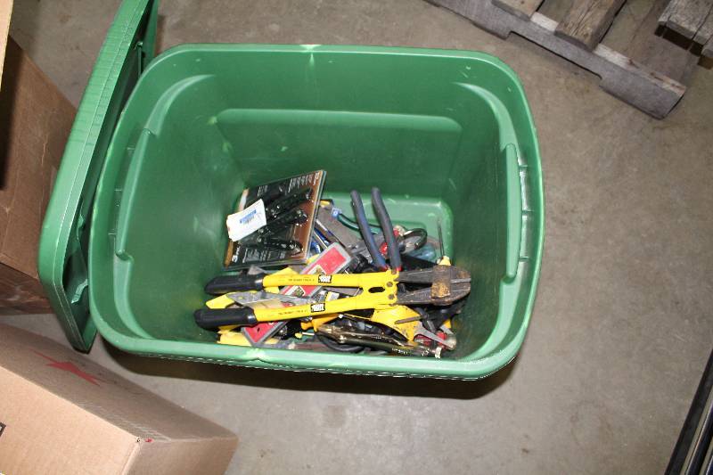 lot 84 image: Plastic Bin Lot of Hand Tools - Clippers, Level, Square, Pliers, Putty Knife, Nailer, And More