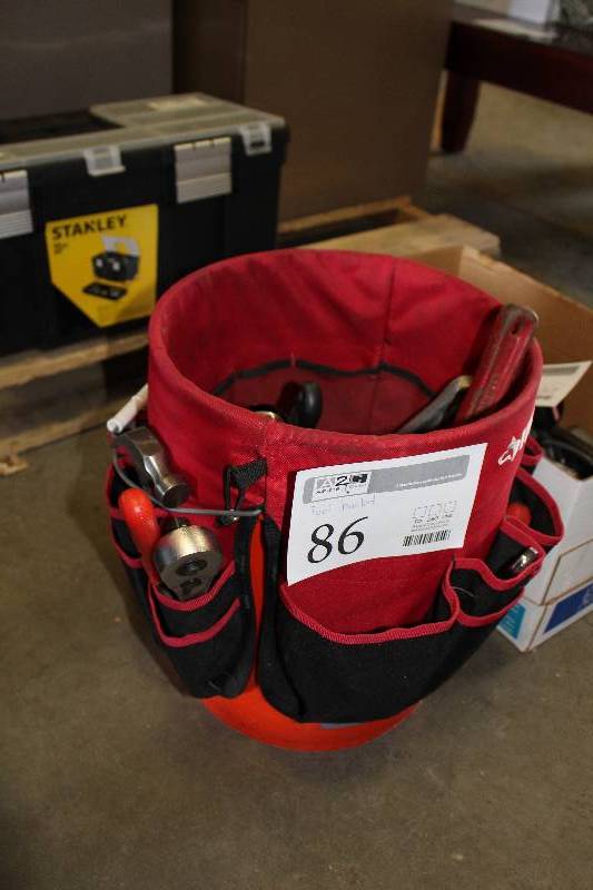 lot 86 image: Tool Bucket w Hand Tools - Ratchet, Flashlight, Hammer, Pipe Wrenches, And More