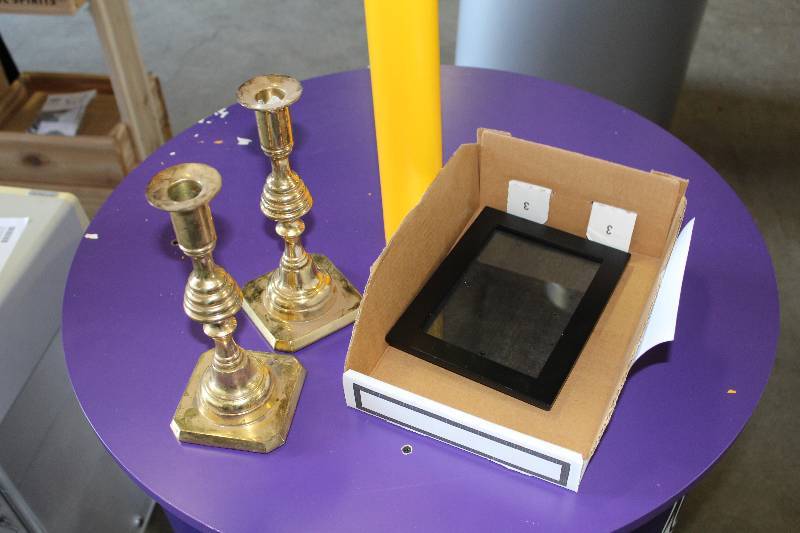 lot 253 image: Brass Candlesticks, Picture Frame