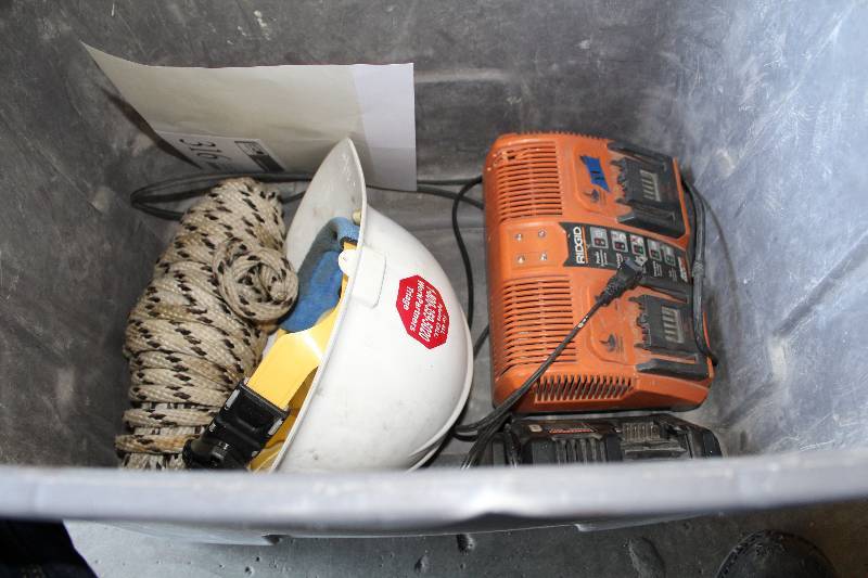 lot 316 image: Ridgid Battery Charger, Hard Hat, Rope