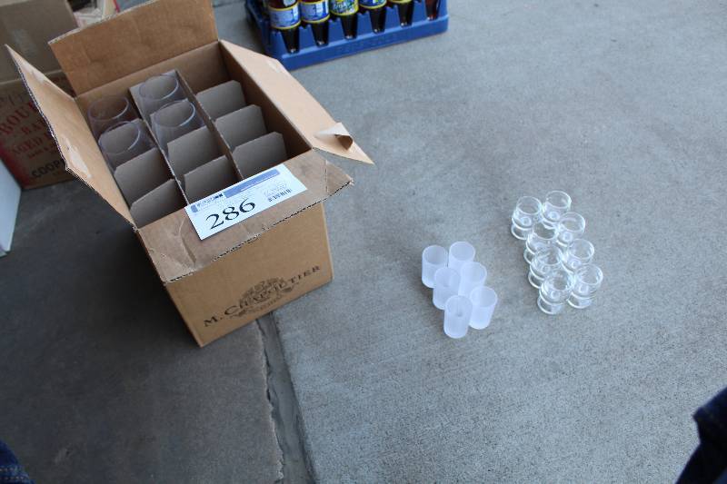 lot 286 image: Box Lot of (32) Glassware - Heering, Jagermeister, Merrys, Grey Goose