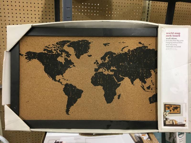 lot 268 image: WORLD MAP CORK BOARD, RETAIL $29.99