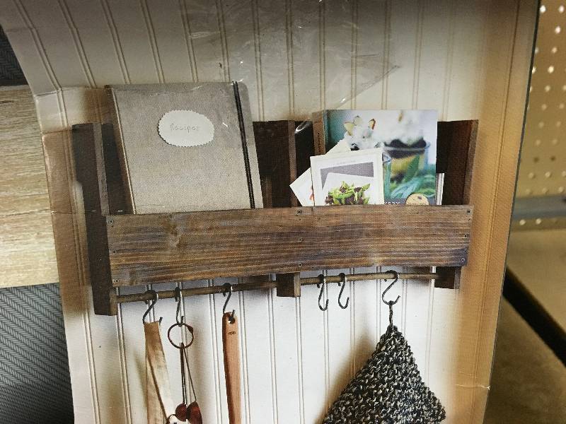 lot 274 image: WALL DECOR, WOODEN SHELF WITH HOOKS, RETAIL $22.99