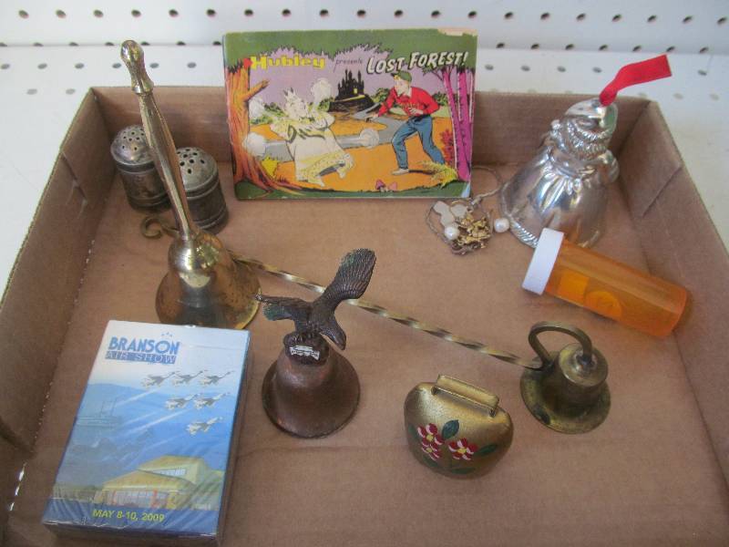 lot 97 image: shaker set, brass bell, candle snuffer, storybook