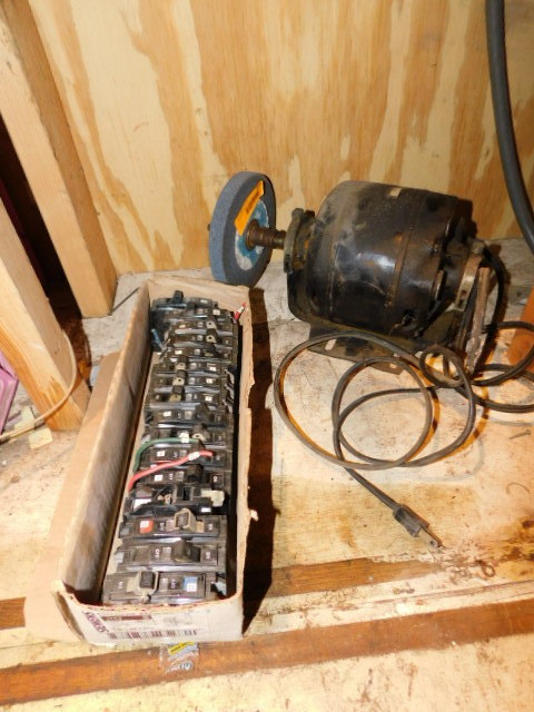 lot 535 image: BOX OF BREAKERS AND MOTOR WITH GRINDING WHEEL