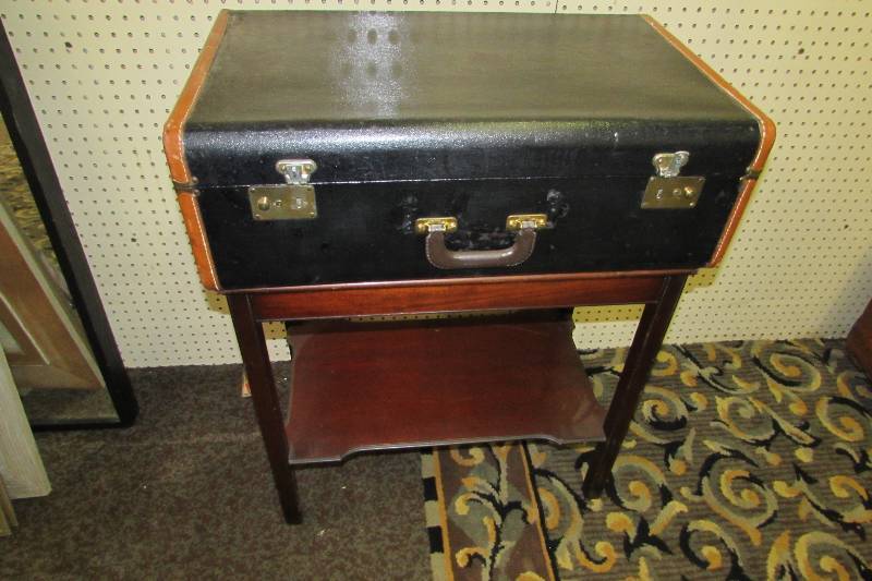 UPCYCLED SIDE TABLE, VINTAGE SUITCASE ON TOP OF VINTAGE SIDE TABLE