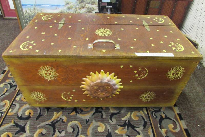 WOODEN TRUNK ON WHEELS, STARS AND MOON DECORATED