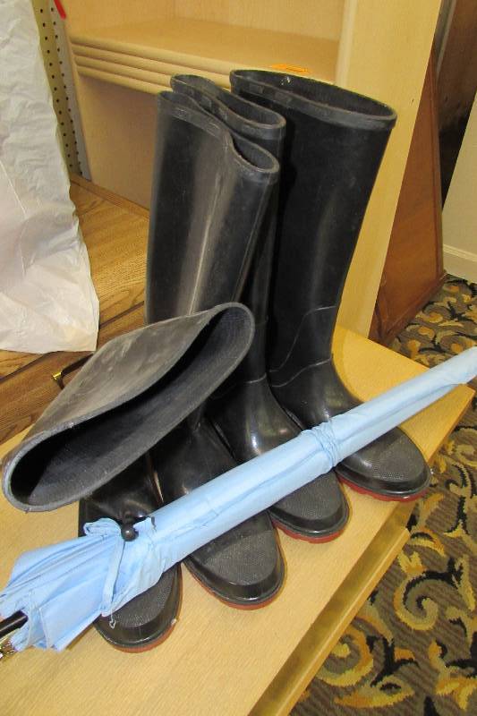 TWO PAIRS OF SIZE 10 RUBBER BOOTS AND UMBRELLA