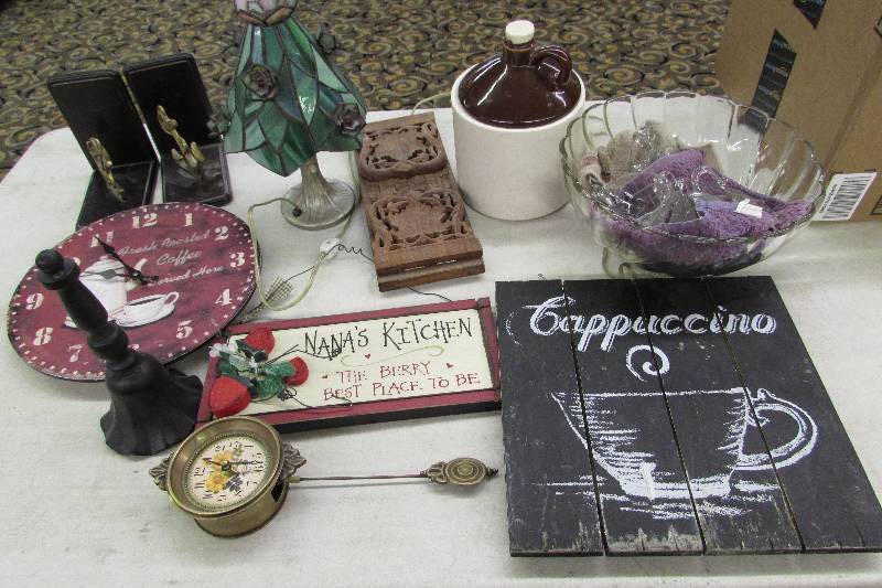 MISC HOUSEHOLD DECOR ITEMS, CLOCK, SIGNS, COOKIE JAR WHISKEY JUG, PUNCH BOWL AND CUPS AND MORE