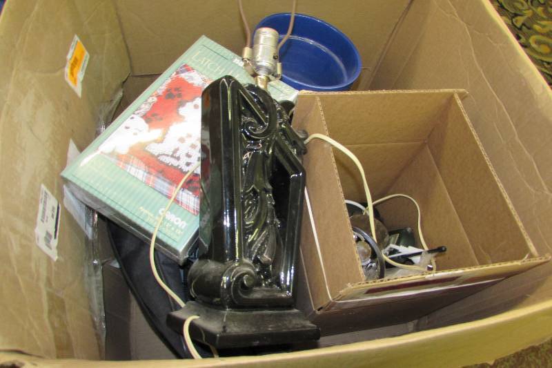BOX OF MISC HOUSEHOLD. LAMP, SPEAKERS, OLD CAMERA, FLOWER POT, AND MORE