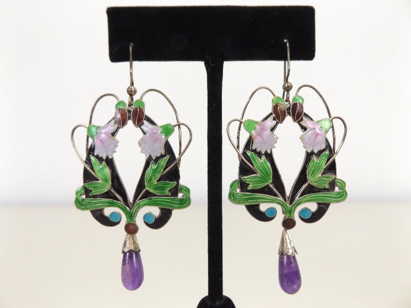 lot 13 image: Antique Sterling Silver Cloisonne Dangle Earrings (19.7 Grams Total Weight)