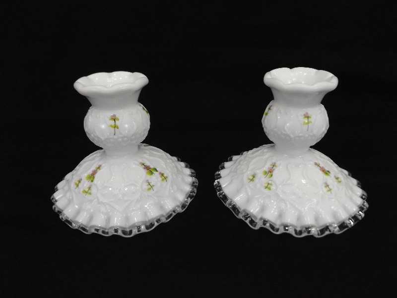 lot 31 image: 2 Vintage Fenton Hand PaintedSigned Candle Holders